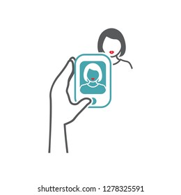 Vector illustration hand, mobile phone, woman and picture. Set of vector symbols. The man photographs the beloved on the mobile phone. Flat design Monochrome
