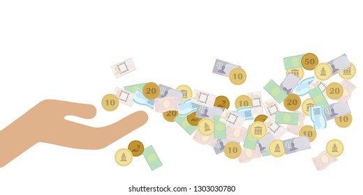 vector illustration of hand with money flow for uncontrolled cash spending and business visuals