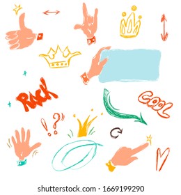 Vector illustration of hand motions icons set. Movements such as sign hi, cool and rock, choice, holds a tablet, super sign and a set of crowns and arrows. Hand drawn doodle style. Vector stock