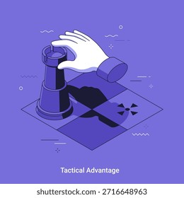 Vector illustration with Hand moving rook chess piece on chessboard. Business strategy and tactical advantage concept with professional play for winning.