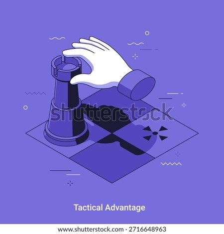 Vector illustration with Hand moving rook chess piece on chessboard. Business strategy and tactical advantage concept with professional play for winning.
