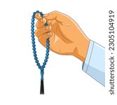 Vector illustration hand of muslim man holding a prayer beads isolated on white background
