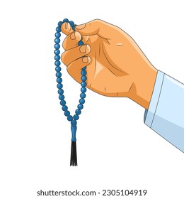 Vector illustration hand of muslim man holding a prayer beads isolated on white background