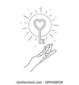 Vector illustration of hand and mystic love key. Line art style. Boho symbol. Feminine gesture. Mystical concept of shining key to love. Valentine's day greeting card design element