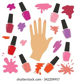 Vector illustration of hand, nail polish and splash paint