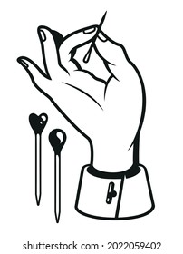 Vector illustration of a hand with a needle on white background