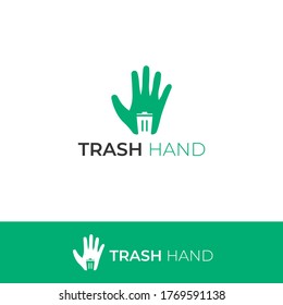 Vector illustration of hand with negative space of trash or bin. Make with combination from hand or glove and trash icon