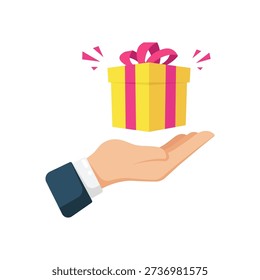 vector illustration of Hand Offering Bright Yellow Gift Box With Pink Ribbon, symbolizing surprise, celebration, generosity, and special occasions.