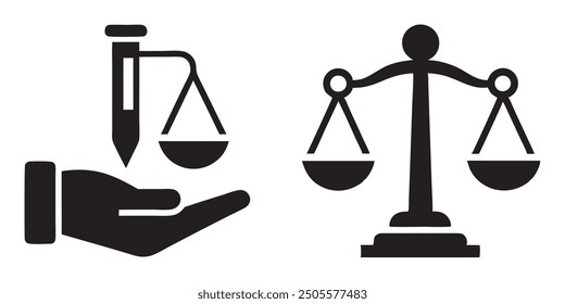 Vector illustration of a hand offering a justice scale, representing fairness, law, and ethical responsibility. Ideal for legal services, human rights, and justice-related content.