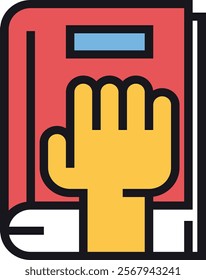 Vector illustration of a hand on a book, symbolizing knowledge, learning, and commitment. Ideal for themes related to education, study, and making promises or oaths