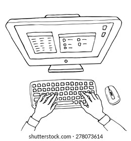 Vector illustration of hand on computer. Black and white