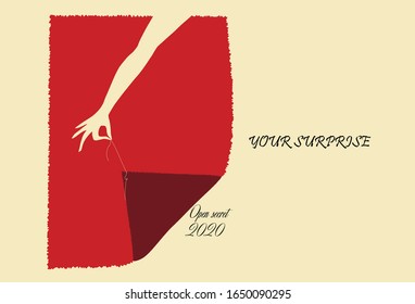 Vector illustration of a hand on a red background opening your secret. Greeting, invitation, banner.
