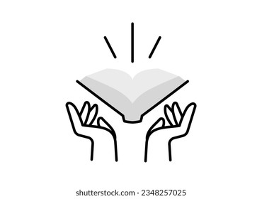 Vector illustration of hand and open book on white color background. Flat line art style design of hand and book for web, banner, poster, print