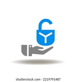 Vector illustration of hand with open padlock. Icon of security attention. Symbol of secure technology. Sign of secret, privacy.