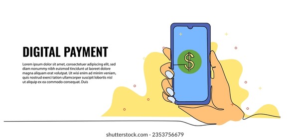 Vektorgrafik einer Hand öffnet finanzielle App. Moderne Wohnung im durchgehenden Linienstil.