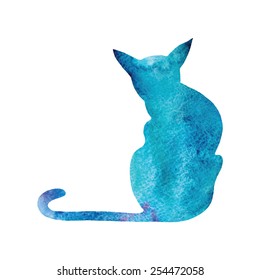 Vector illustration of hand painted blue watercolor cat seen from behind.