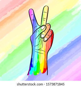 Vector illustration of a hand painted with the colors of an LGBT community rainbow against a rainbow background