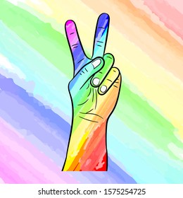 Vector illustration of a hand painted with the colors of an LGBT community rainbow against a rainbow background