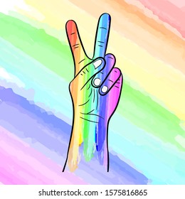 Vector illustration of a hand painted with the colors of an LGBT community rainbow against a rainbow background
