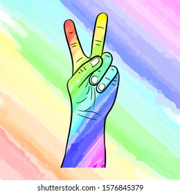Vector illustration of a hand painted with the colors of an LGBT community rainbow against a rainbow background