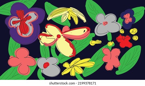 Ilustración vectorial de flores pintadas a mano. Flores praderas, pétalos, hojas. Flores coloridas sobre un fondo monocromo. Estilo ondulado, flores apenas pintadas.