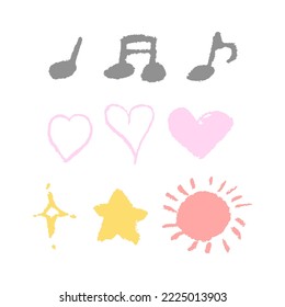 Ilustración vectorial de los símbolos de estilo pintados a mano. notas musicales, corazones, estrellas, sol.