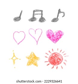 Vector illustration of hand -painted style symbols. musical notes, hearts, stars, sun.