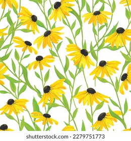 Vector illustration. Hand painted watercolor black-eyed Susan flower seamless repeat pattern. Best for packaging, home décor, bedding and wallpaper.