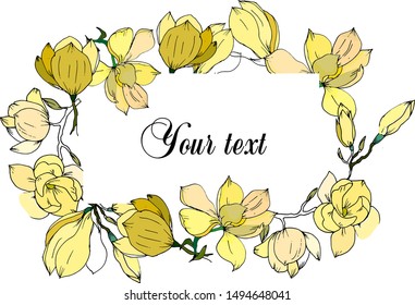 Vector illustration. Hand painted yellow magnolia template. Frame with flowers for text, invitation.