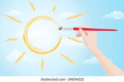 Vector illustration of the hand painting sun on the  blue sky