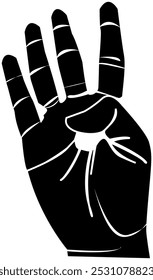 Vector illustration of a hand, a palm image with four fingers raised in black and white