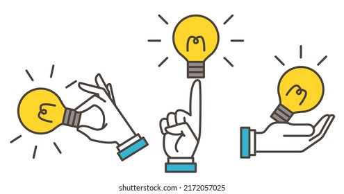 Ilustración vectorial de una mano, palma y bombilla que representan una solución
