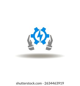 Vector illustration of hand palms care gear wheel with lightning. Symbol of  Symbol of green energy generation. Icon of power charging.
