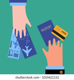 Vector illustration of hand paying with credit card for flight ticket. Travel journey or business trip. Passport, hands, plastic card and airplane boarding pass.
