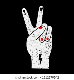 Vector illustration of a hand peace or victory sign with red nails and decorative elements - Textured object on black background - Design for T-Shirt, sticker, poster