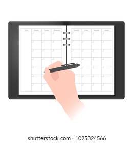 Vector illustration of a hand with a pen writing on a weekly planner