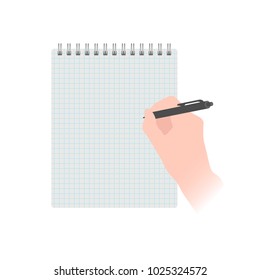 Vector illustration of a hand with a pen writing on a notebook