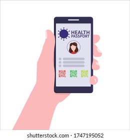 Vector illustration: hand with a phone. Electronic passport of immunity covid-19.