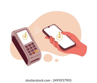 Vector illustration: a hand with a phone making a contactless payment using a terminal. Mobile Wireless, contactless or cashless payments in flat style on isolated background.