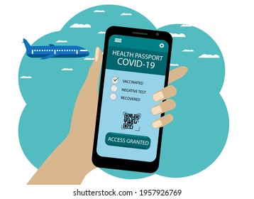 Vector illustration of a hand with a phone. On the screen, the application is health passport covid 19
