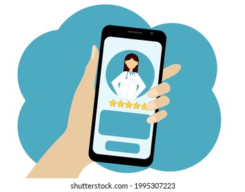 Ilustración vectorial de una mano con un teléfono. Aplicación en línea con un médico por teléfono