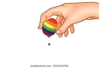 Vector illustration of hand picks up rainbow eggs with clear water dripping,colors of happiness,LGBTQ gays,lesbians,easter egg,on white.Pride month,Symbol of lesbian,gay,bisexual,transgender.