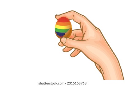 Vector illustration of hand picks up rainbow eggs with clear water dripping,colors of happiness,LGBTQ gays,lesbians,easter egg,on white.Pride month,Symbol of lesbian,gay,bisexual,transgender.