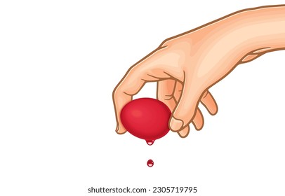 Vector illustration of hand picks up red egg while paint is not dry yet,paint drips off egg,prepare to celebrate,happiness, rebirth,isolated on white.Asian beliefs,Symbol of birth.Auspicious red color