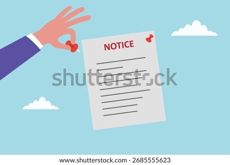 Vector illustration of a hand pinning a notice on a board, symbolizing announcement, important information, communication, updates, and official notification
