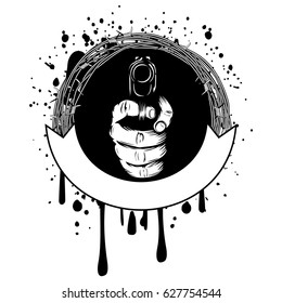 Vector illustration hand with pistol and barbed wire on grunge background. For tattoo or t-shirt design.