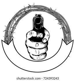 Vector illustration hand with pistol and barbed wire. For tattoo or t-shirt design.