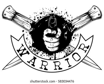 Vector illustration hand with pistol on crossed daggers and grunge background. Inscription warrior. For tattoo or t-shirt design.
