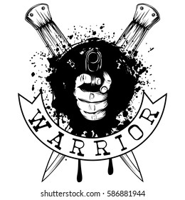 Vector illustration hand with pistol on crossed daggers and grunge background. Inscription warrior. For tattoo or t-shirt design.