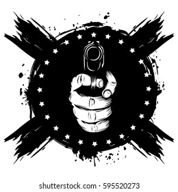 Vector illustration hand with pistol on grunge background. For tattoo or t-shirt design.